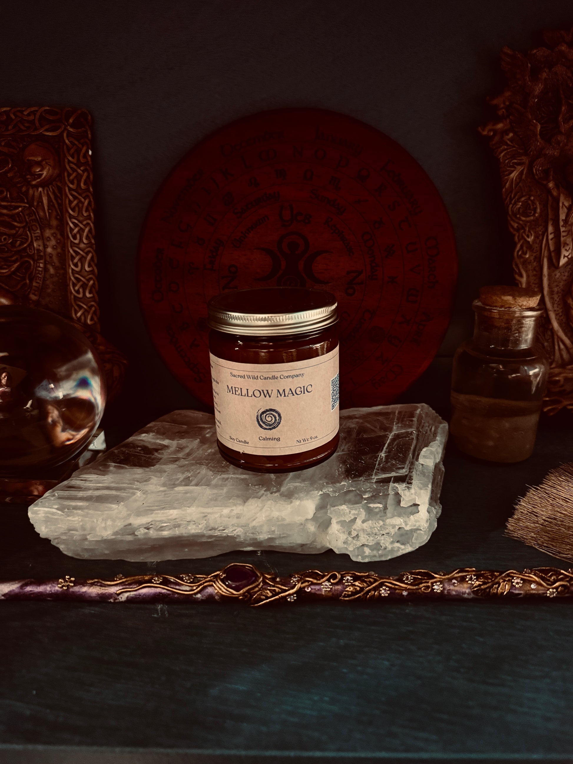 Jar labeled 'Mellow Magic' on a stone surface with decorative background